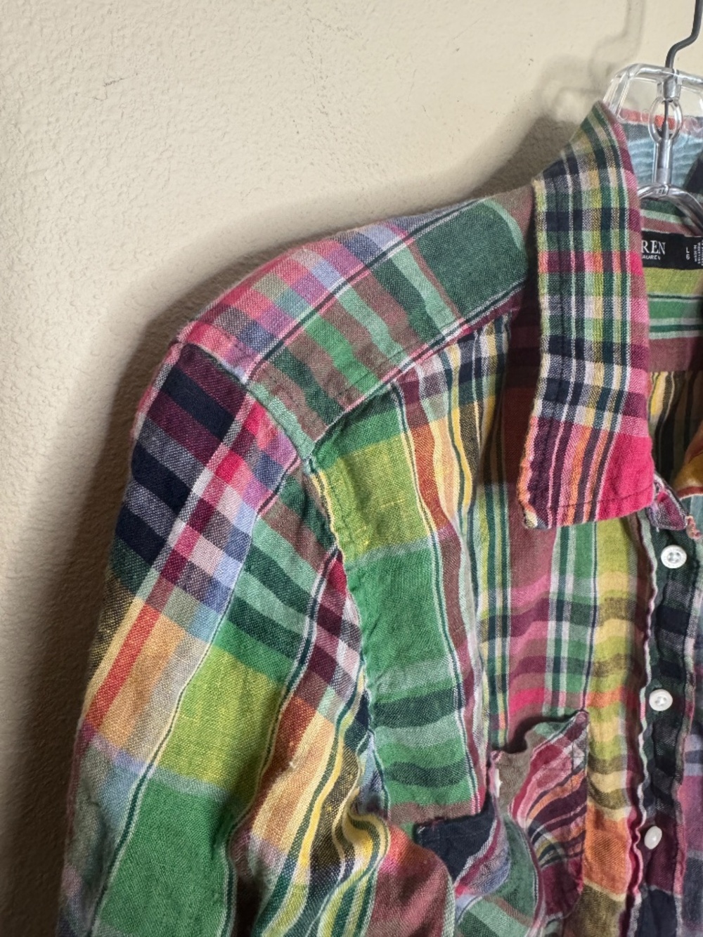 LAUREN Ralph Lauren Linen Shirt Plaid Pocket Button Down Long Sleeve Women's L - Picture 2 of 8
